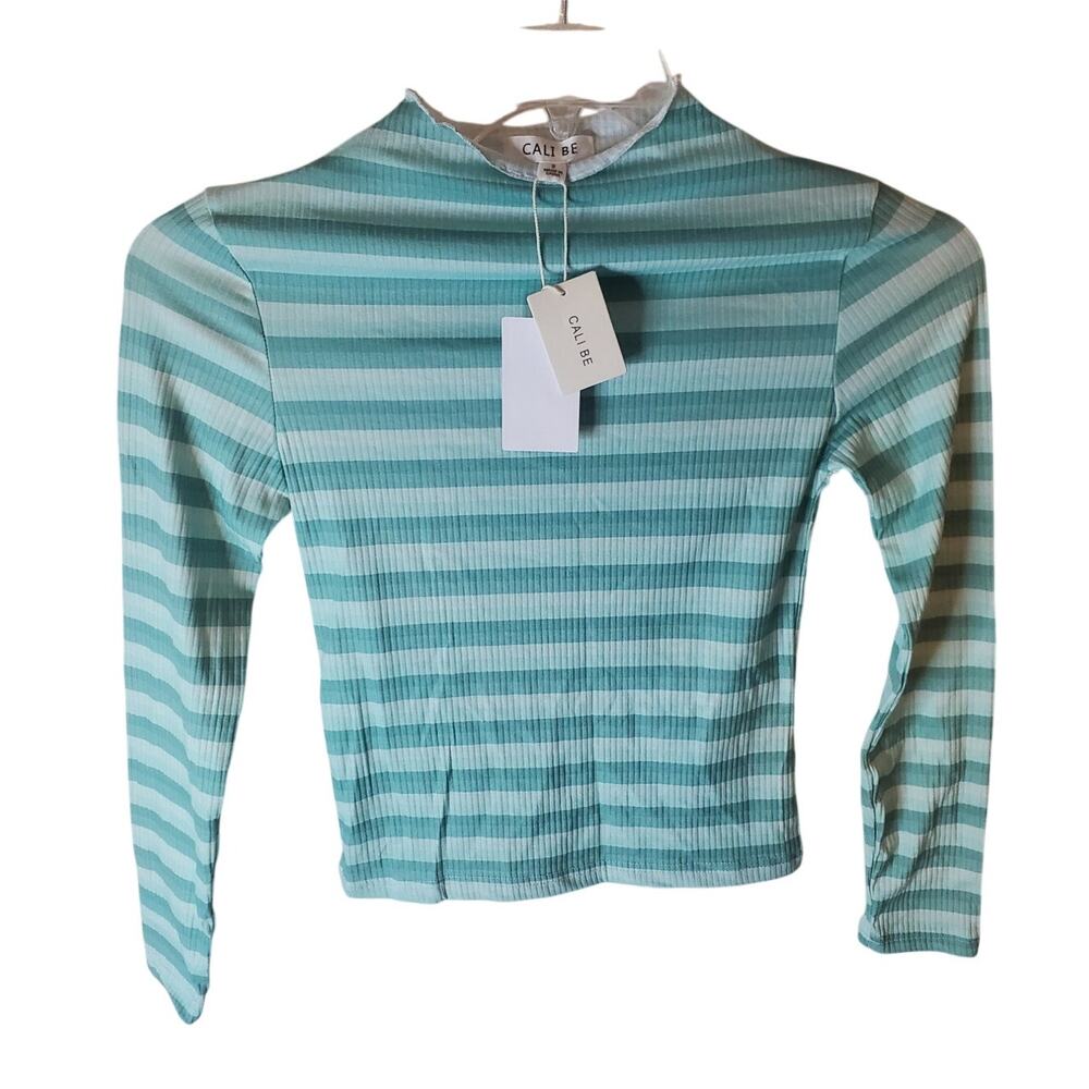 Cali Be Aqua Blue Green Striped Mock Neck Top, NWT, Small
